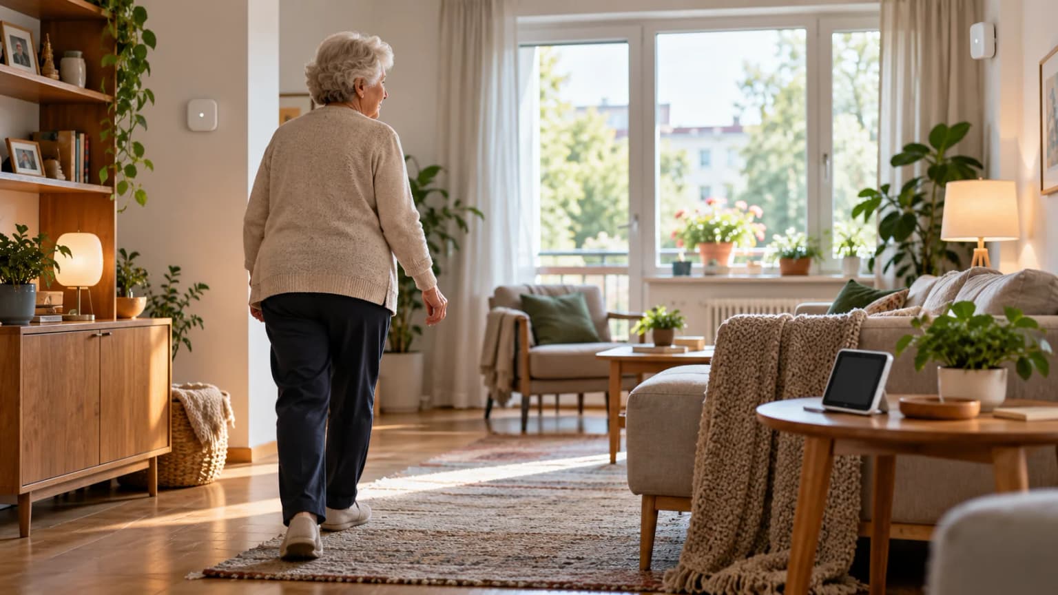 a calm, modern but modest apartment interior in daylight, with an older adult seen naturally from behind or in profile walking independently through a safe living room