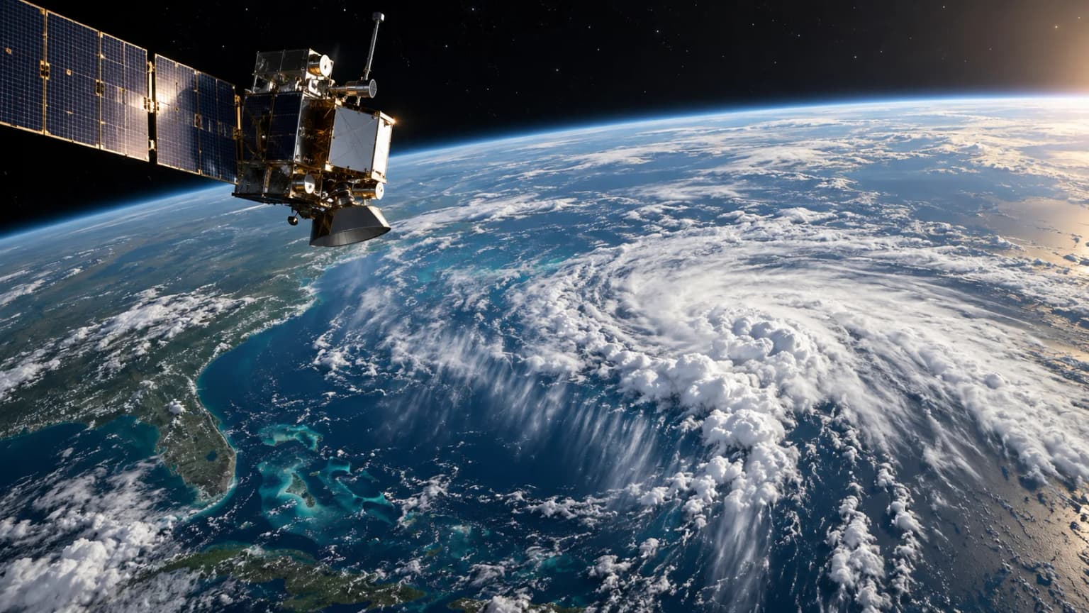 a realistic geostationary weather satellite above Earth at orbital altitude, looking down at a broad cloud system with visible rain bands over ocean and coastline, subtle scientific data visualization suggested only