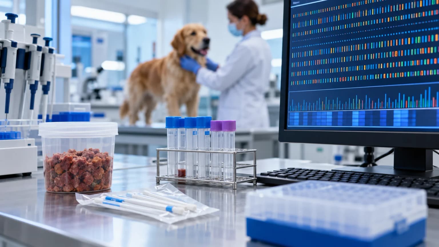 a clean veterinary laboratory workbench with a sealed generic pet-food sample container, sterile swabs, capped sample tubes, and a computer monitor showing only abstract non-readable DNA sequence patterns