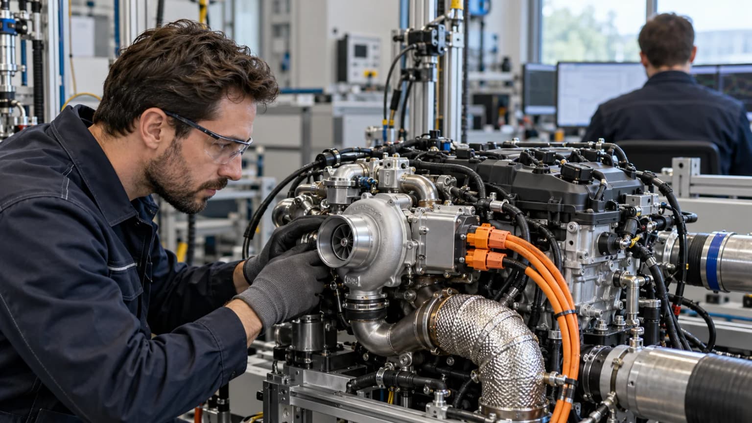 real automotive powertrain test laboratory with a compact four-cylinder engine mounted on a clean test bench